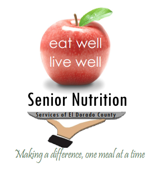 Apple with "eat well, live well," logo for Senior Nutrition Services of El Dorado County. Slogan: "Making a difference, one meal at a time."