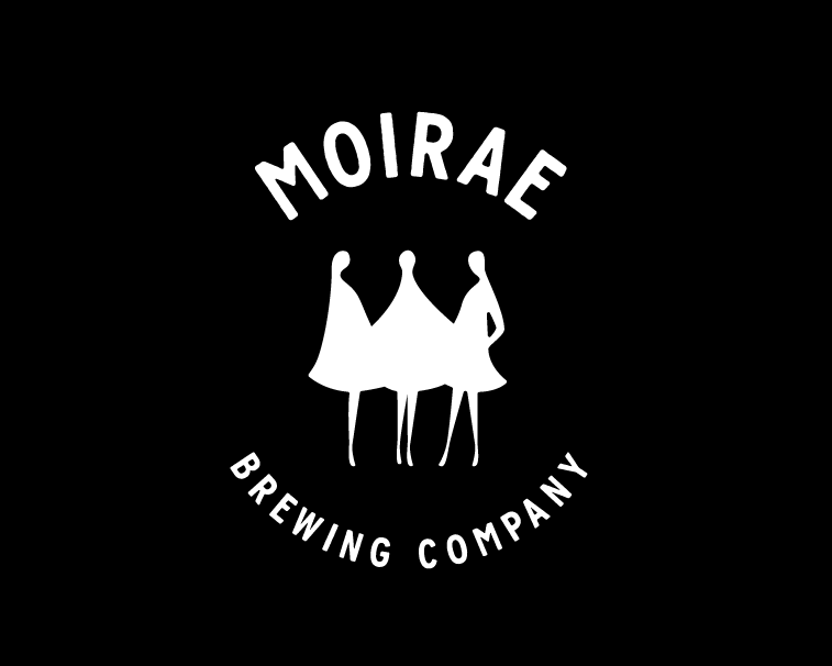The image features a logo for "Moirae Brewing Company," showcasing three stylized figures in white against a black background.