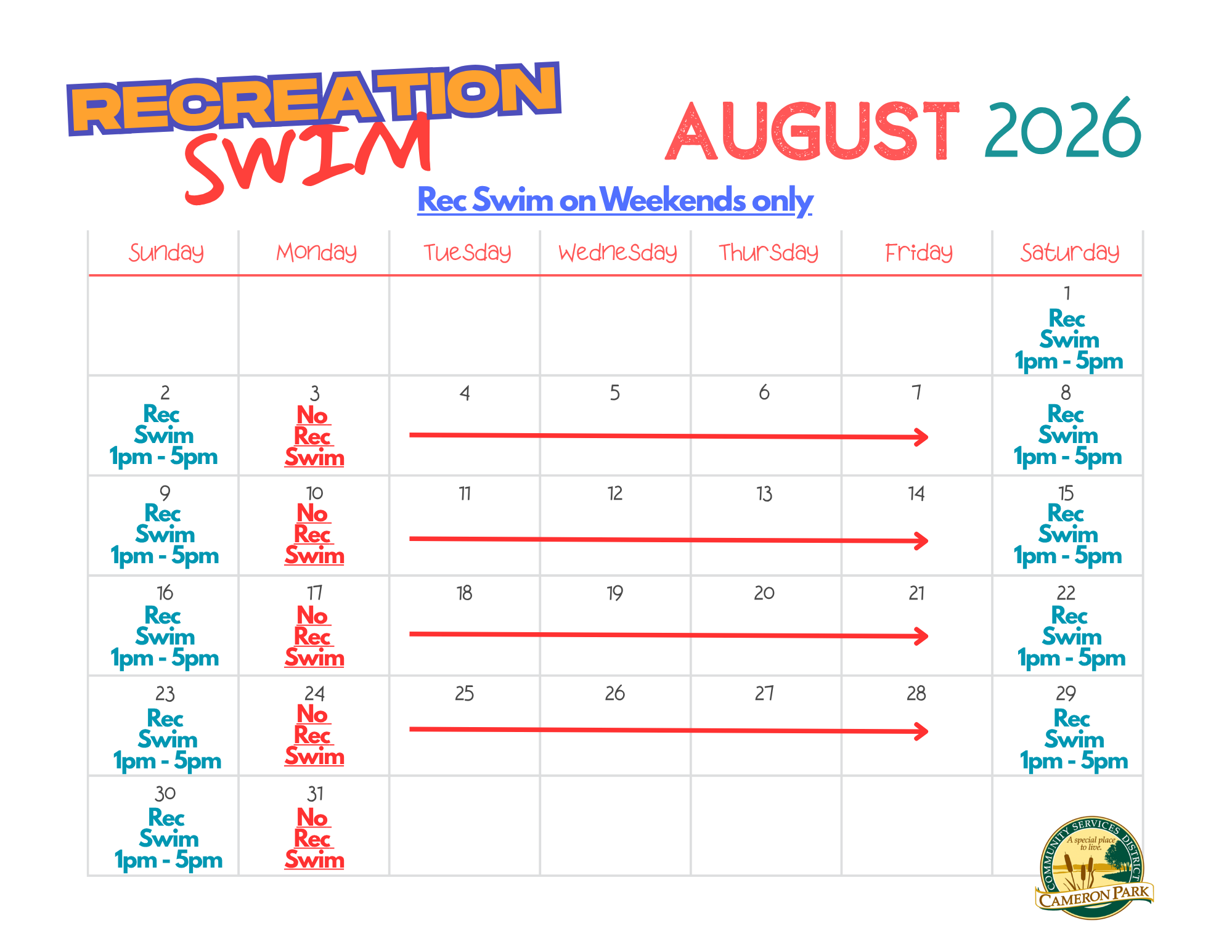 The image is a calendar for August 2026, highlighting recreation swim times primarily on weekends from 1 PM to 5 PM.
