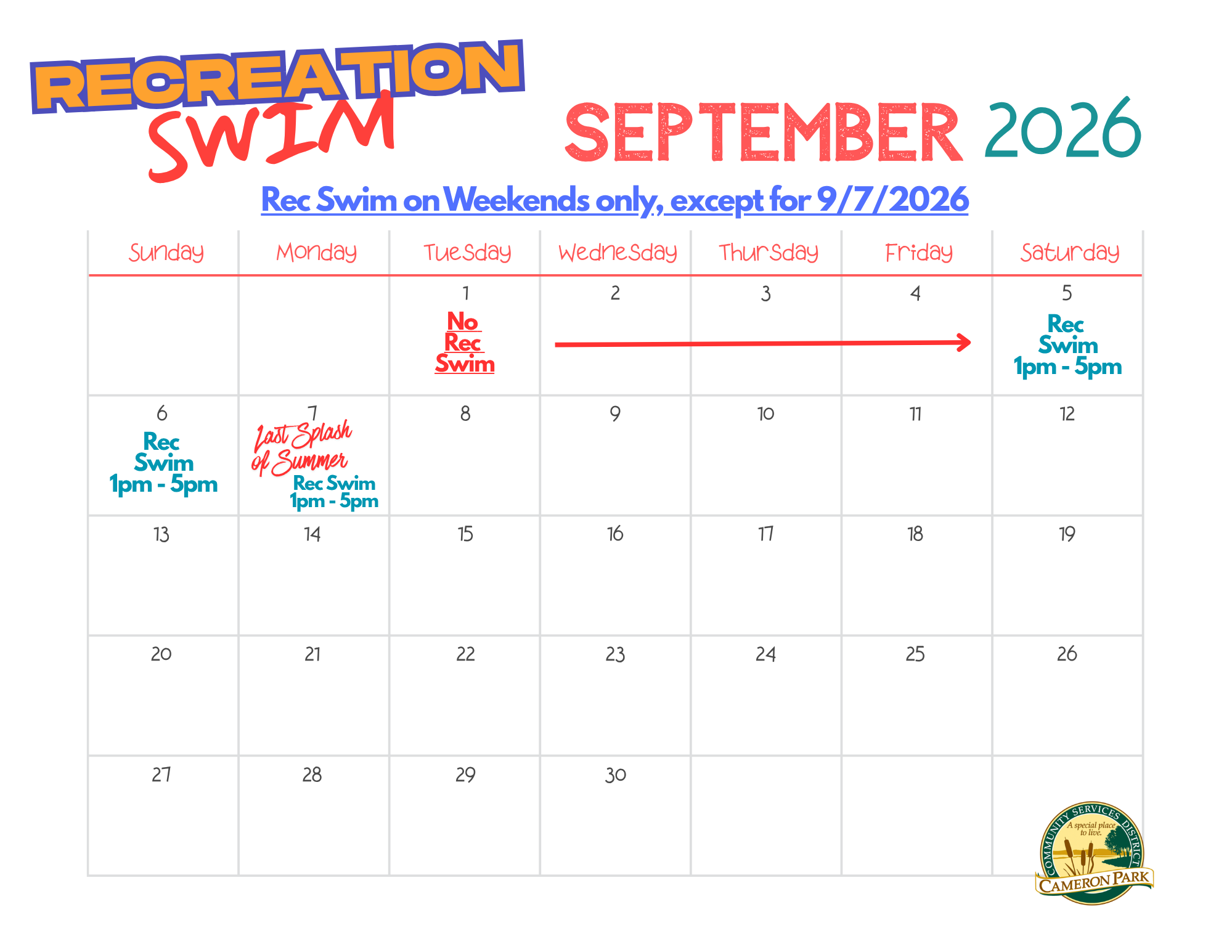 The image is a September 2026 calendar for recreational swimming, noting times and special events.