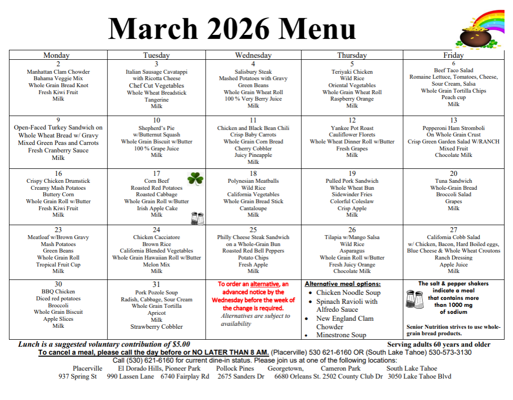 Menu for March 2026: weekly lunches include soups, salads, sandwiches, and main dishes like chicken, turkey, and beef, with fruit and milk.