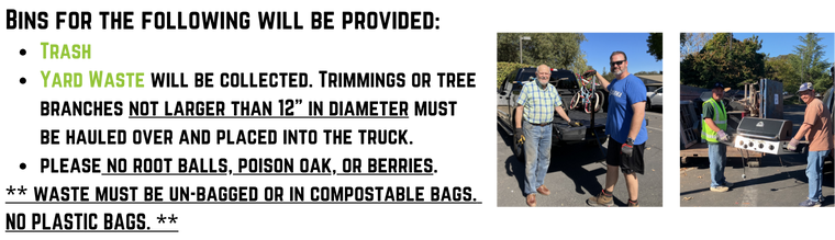 The image shows volunteers collecting yard waste and trash with two groups working together, showcasing community cleanup efforts.