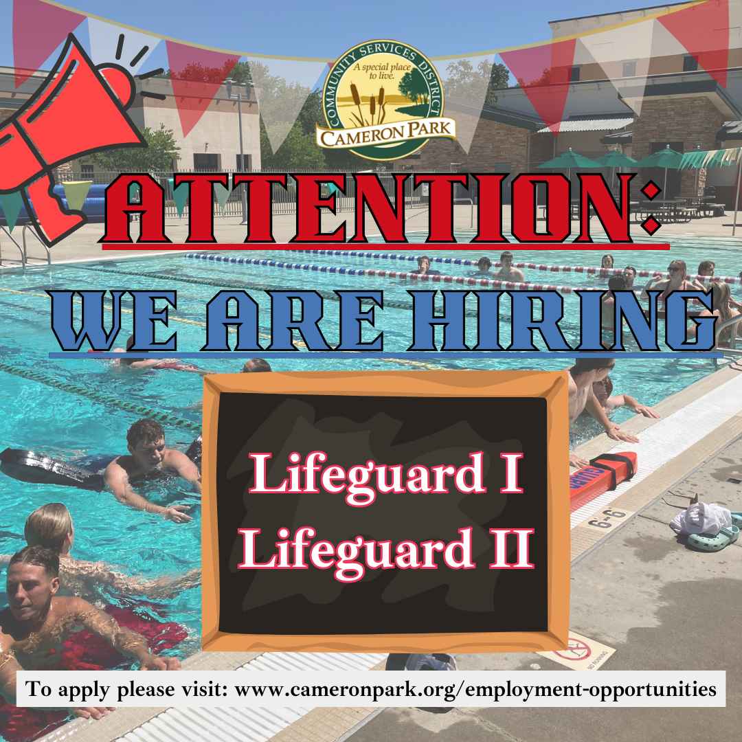 A hiring ad for lifeguards with a photo of a pool in the background.