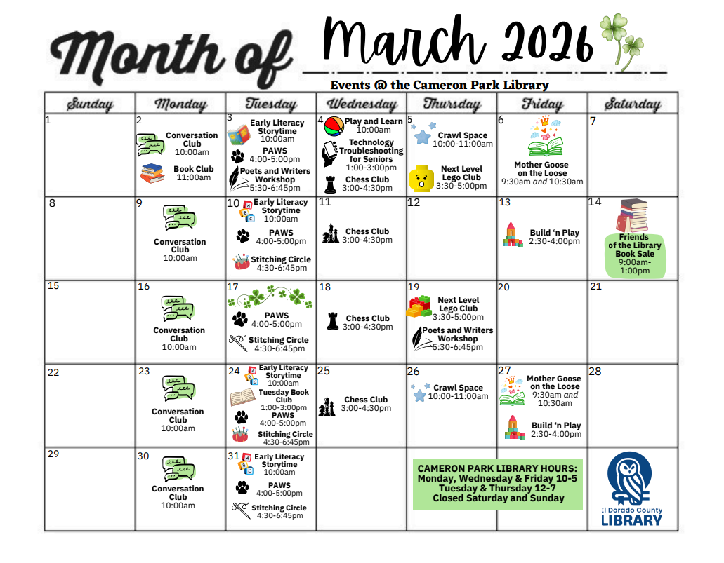 A calendar for March 2026 with events at Cameron Park Library, including storytimes, clubs, workshops, and a book sale.