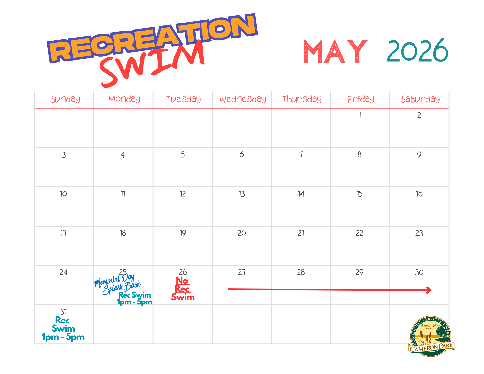 A calendar for May 2026 showing recreation swim times, including a Memorial Day event and a cancellation on the 26th.