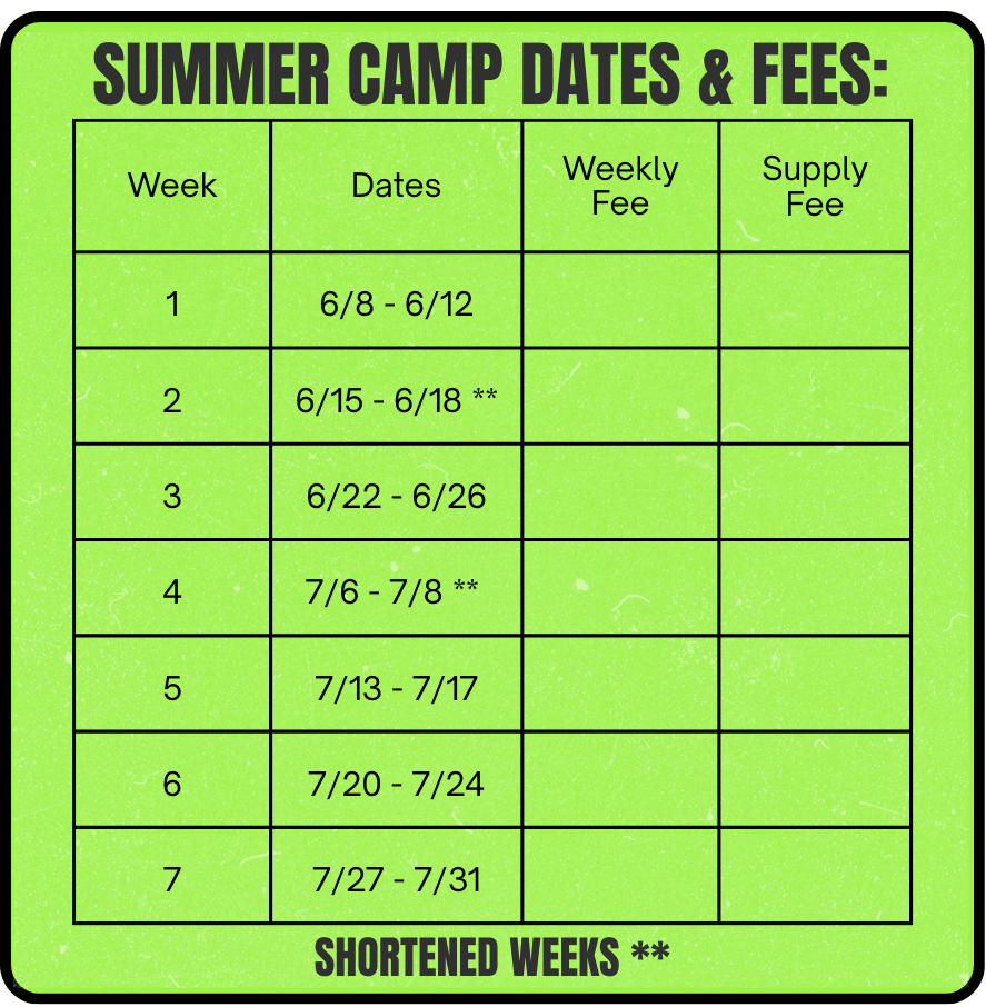 The image shows summer camp dates and fees for seven weeks, with some weeks marked as shortened.