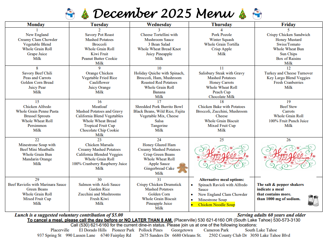 A menu for December 2025 featuring daily meals, including soups, main dishes, and sides, for adults 60 and older.
