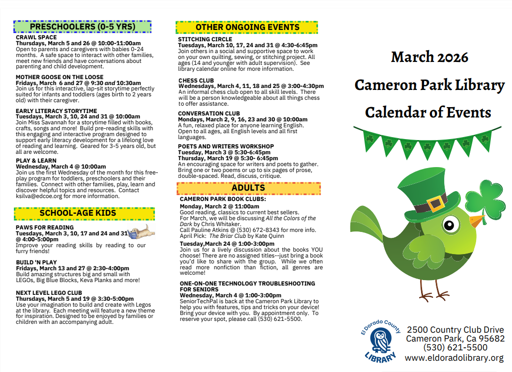 March 2026 events at Cameron Park Library include storytimes, workshops, chess club, and tech troubleshooting for seniors.