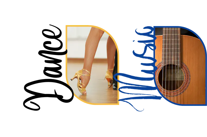 The image features a dancer's legs in stylish shoes next to a guitar, highlighting the connection between dance and music.
