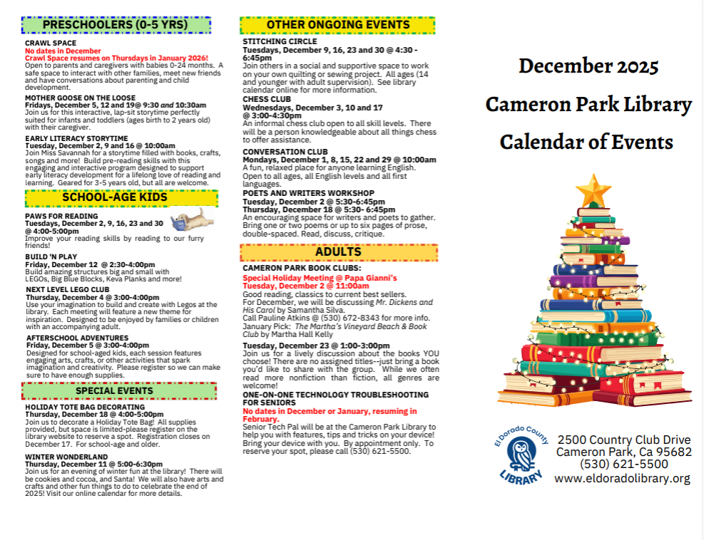 The image is a December 2025 events calendar for Cameron Park Library, featuring activities for preschoolers, school-age kids, and adults.