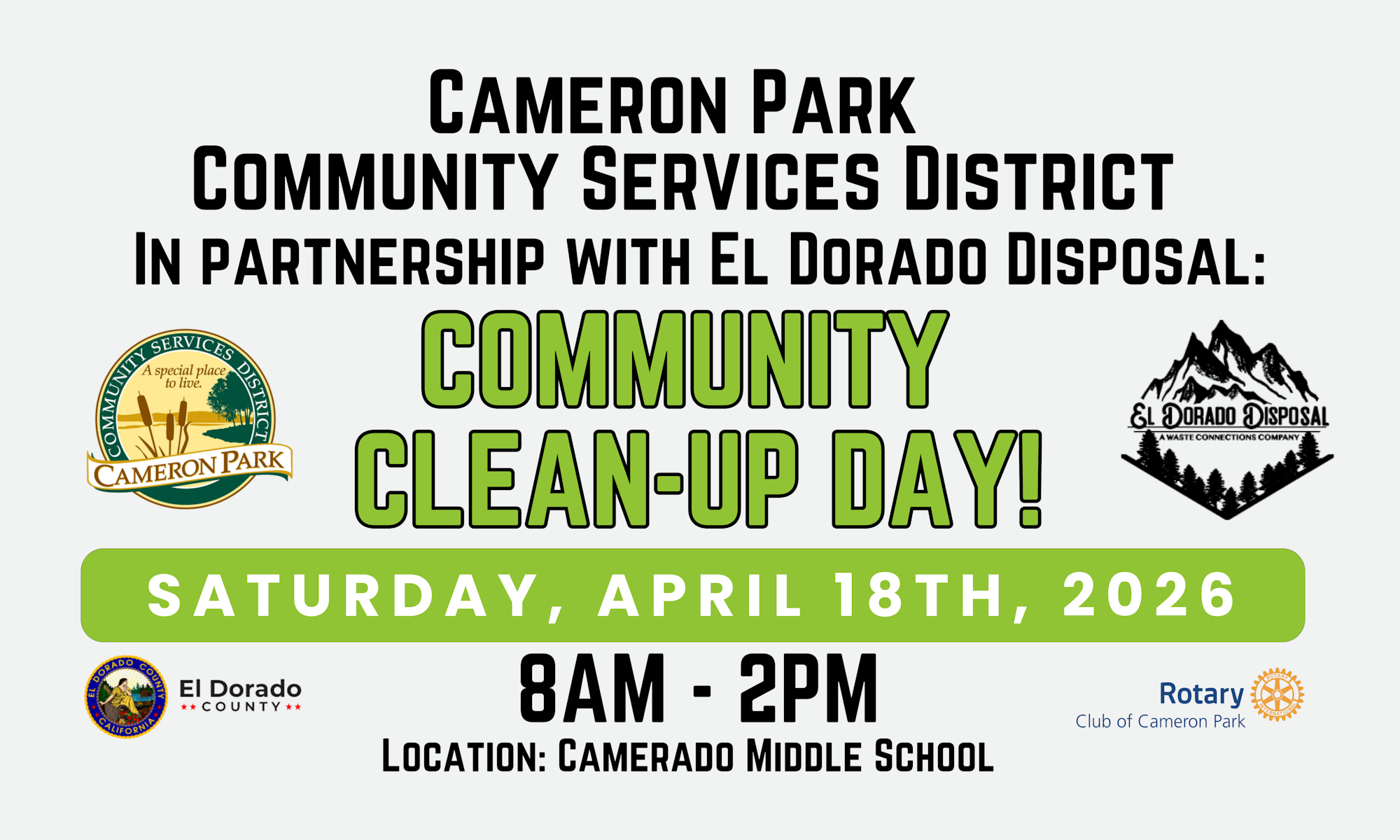 Community Clean-Up Day on April 18th, 2026, 8AM-2PM at Camerado Middle School, hosted by Cameron Park Community Services District.