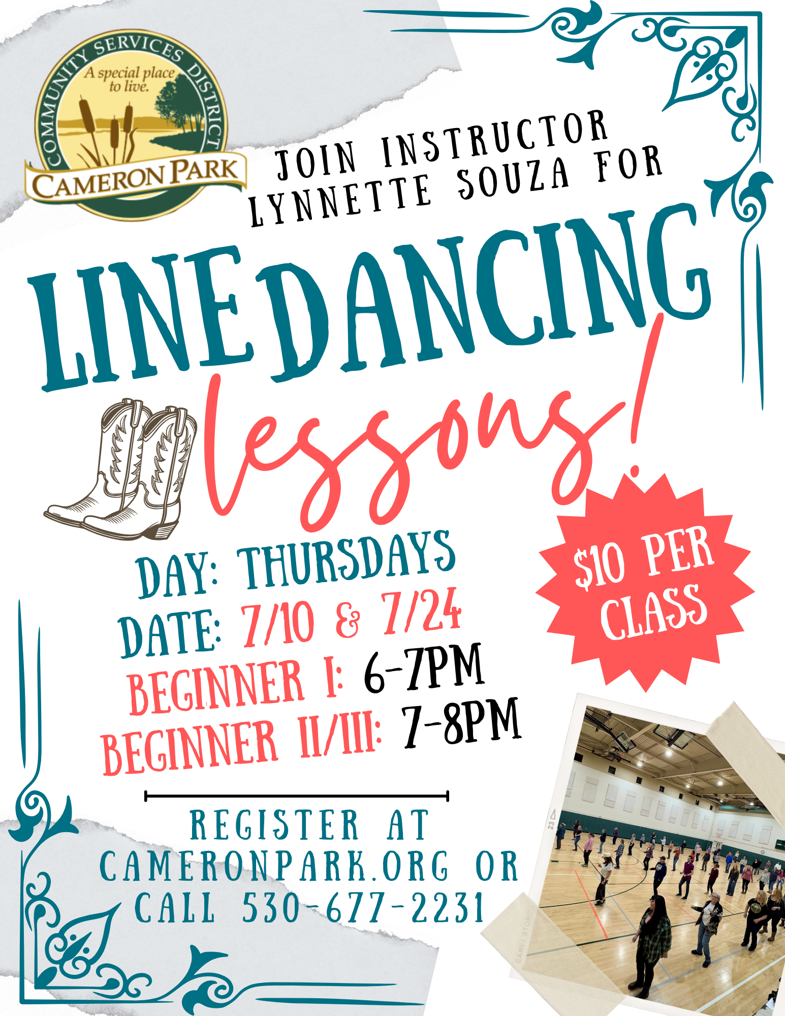 Flyer for line dancing lessons with Lynnette Souza on 7/10 & 7/24, $10 per class. Register at cameronpark.org or call 530-677-2231.