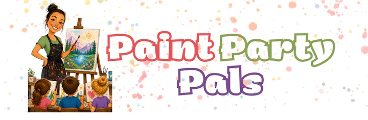 An illustration of a cheerful artist guiding children in a painting class, featuring the title "Paint Party Pals" with colorful splashes.