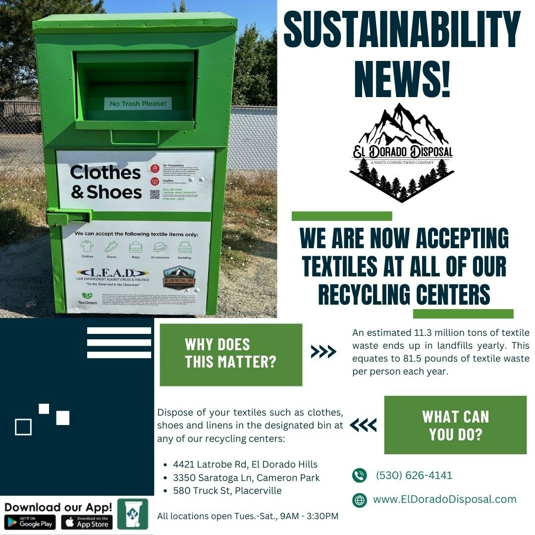 A recycling flyer informing that textiles are accepted at all their centers, with a green textile recycling bin image.
