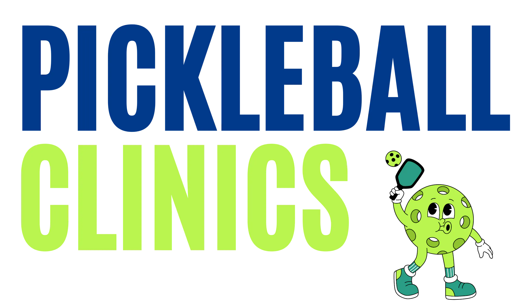 The image features the text "PICKLEBALL CLINICS" along with a playful character resembling a pickleball.