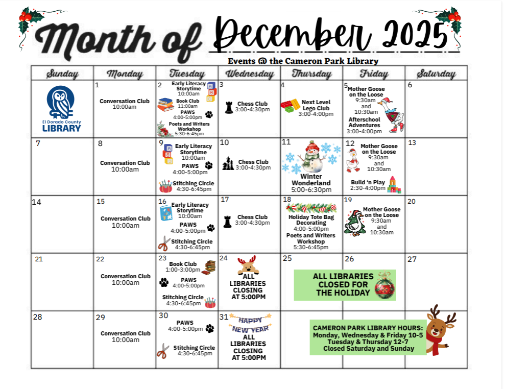December 2025 calendar of events at Cameron Park Library, including storytimes, clubs, and holiday closures.