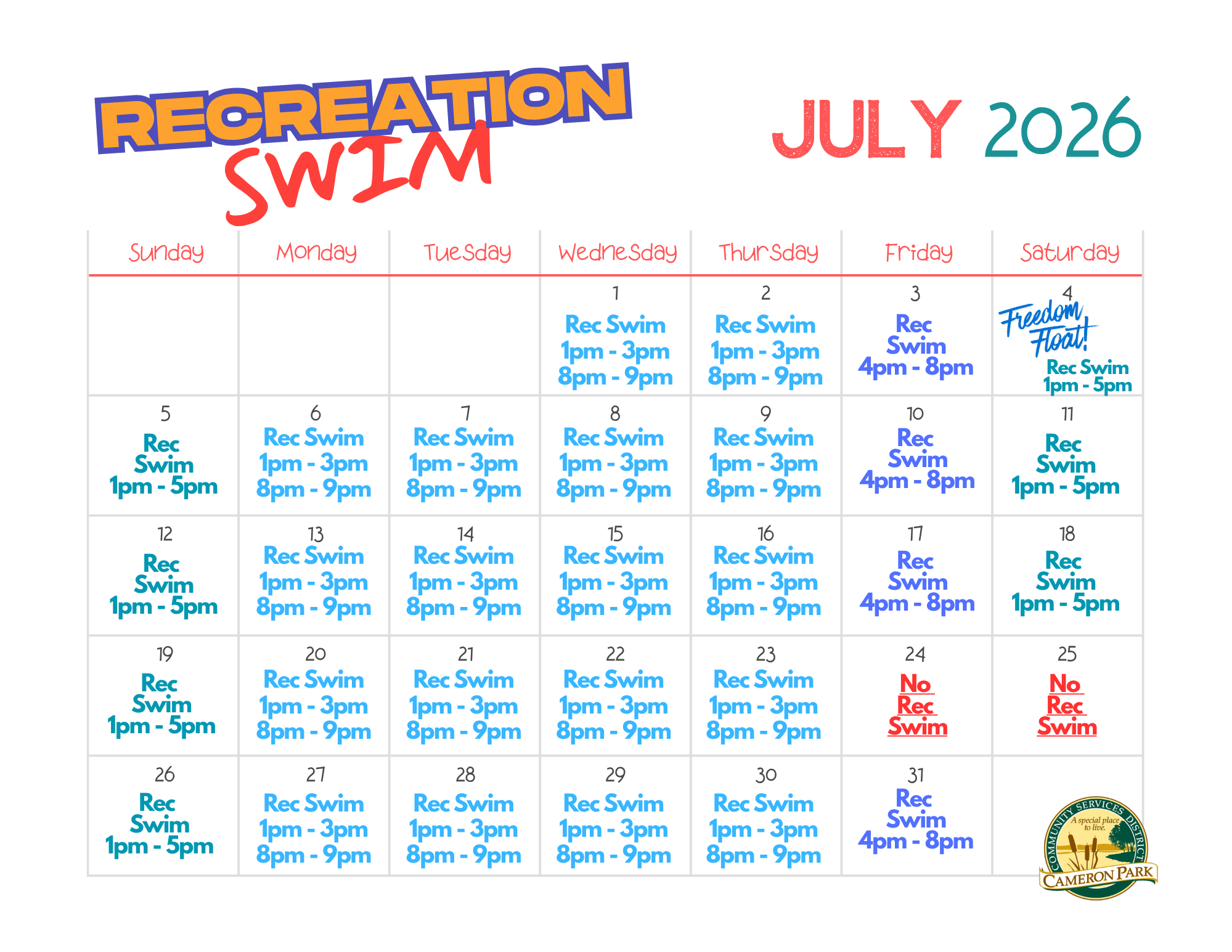 The image shows a July 2026 swim schedule with designated times for recreational swimming and special events.