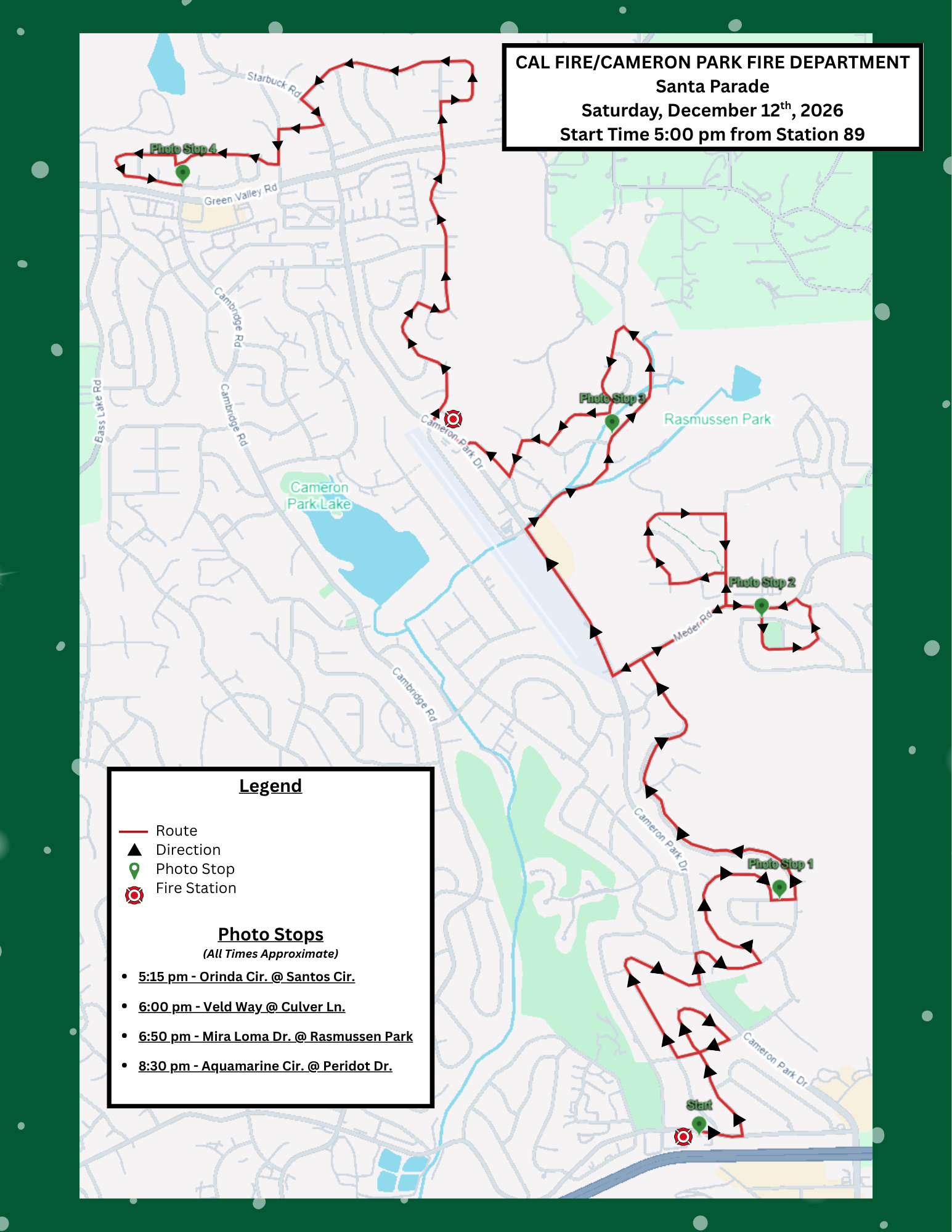 Map of the CAL FIRE/Cameron Park Fire Department Santa Parade on December 12, 2026, detailing the route and photo stops.