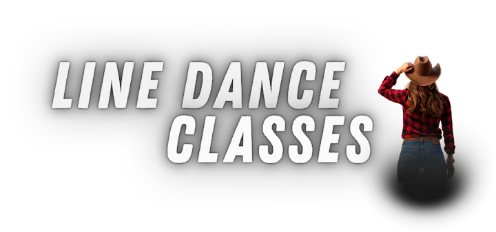 The image promotes line dance classes, featuring a person in a cowboy hat and flannel shirt.