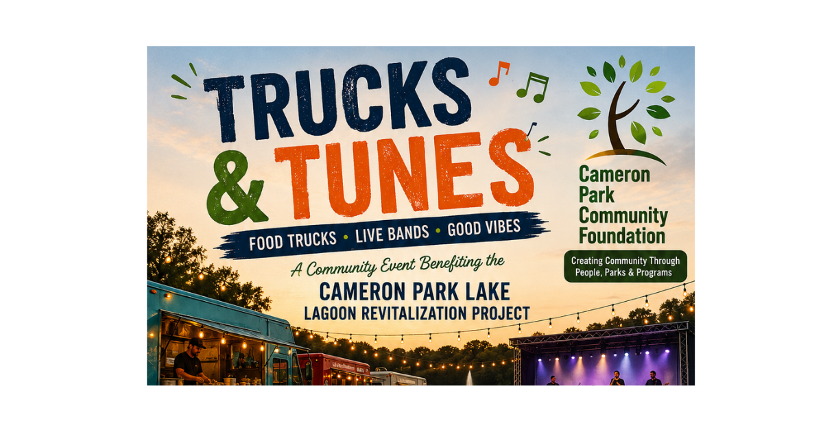 Event poster for "Trucks & Tunes" featuring food trucks, live bands, and benefiting the Cameron Park Lake revitalization project.